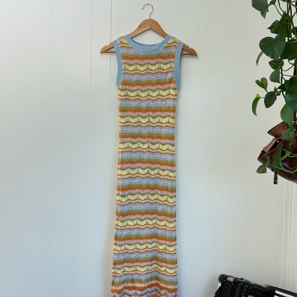 Blue and Orange Sleeveless Mock Neck Sheath Maxi Dress